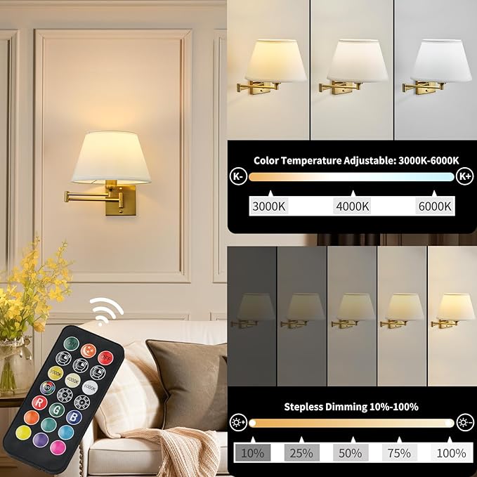 Battery Operated Wall Sconces Set of Two with Remote Control, Rechargeable Cordless Swing Arm Wall Lamp, Dimmable/3 Colors/9 RGB/Night Light/Timer, Gold Wireless Wall Sconces, No Hardwired