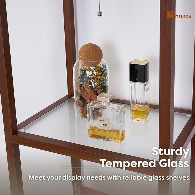 Floor Lamp with Shelves, Modern Standing Lamp with Tempered Glass, Large Display Shelf Lamp, Tall Lamps with Shelves for Living Room, Bedroom, Office, Walnut Brown