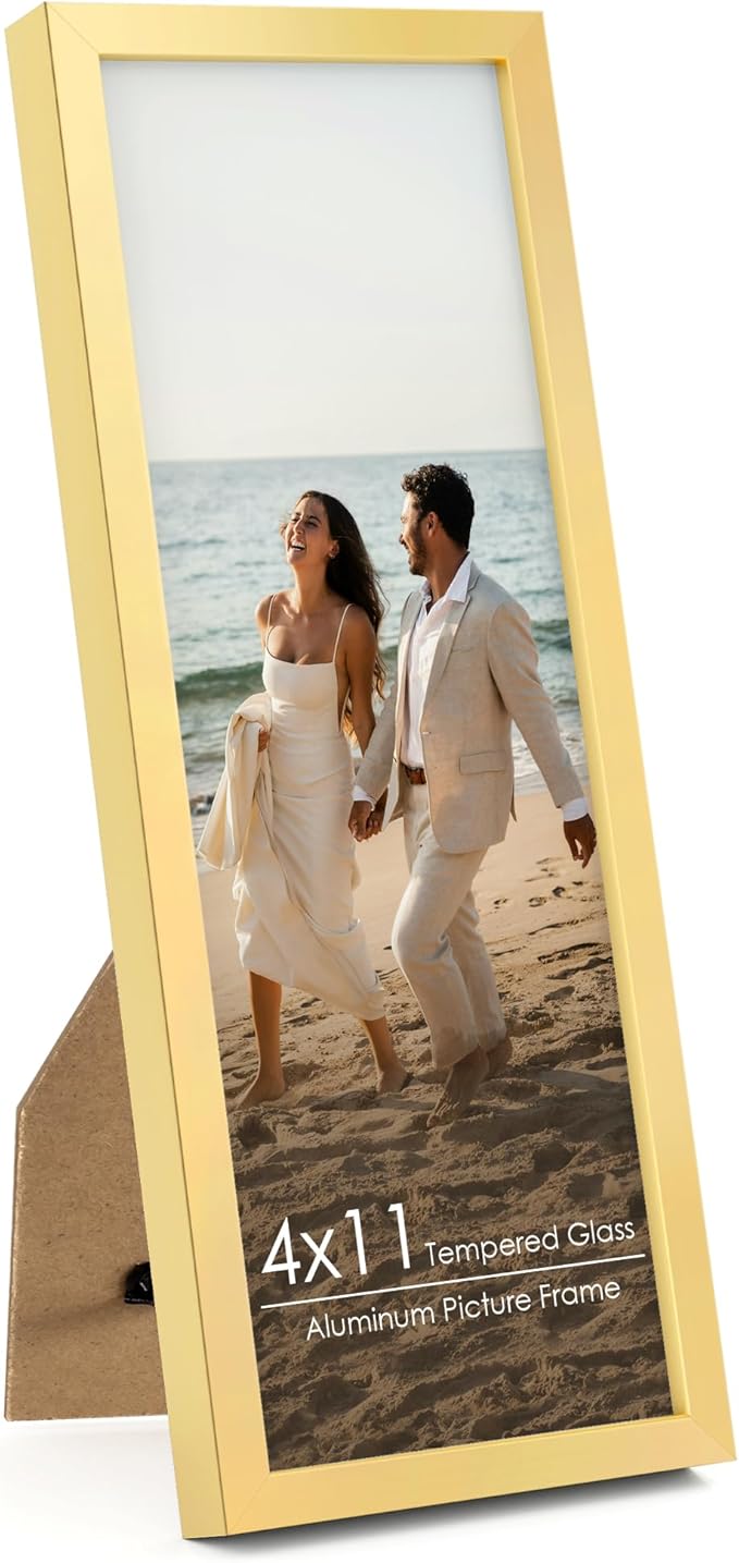 4x11 Metal Frame - Gold Aluminum Photo Frames-Real Real Glass,Tabletop Display,Mounting Horizontally or Vertically Decor for Wall Gallery Poster 11x4 Photo Frames, Gold