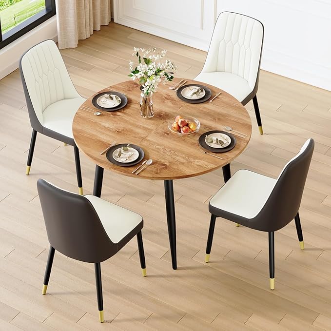 42"-54" Extendable Dining Table Set for 4, Round Dining Table Set for 4, 0.73" Thick Wood Tabletop with Smooth Edge, Black Metal Leg with Non-Slip Footmat, 4 Soft PU Chairs, for Kitchen, Small Space