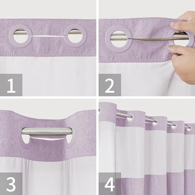 No Hooks Needed Linen Textured Shower Curtain with Snap-in Fabric Liner Set,Hotel Luxury Decor Shower Curtains for Bathroom with Mesh Top Window,Waterproof & Washable,71Wx74H,Lavender
