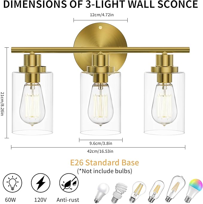 GORDNWE Modern Vanity Light Fixtures, 3 Light Brushed Gold, E26 Bulb Base, Farmhouse Style Over Mirror Lighting