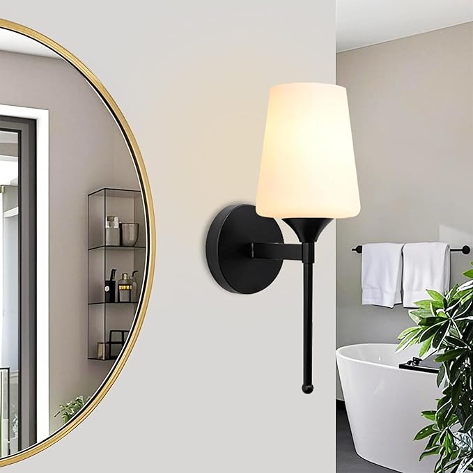New Bathroom Vanity Light Fixtures 3 Lights Brushed Black Glass Shade Modern Wall Bar Sconce Over Mirror (Brushed Black, 1T 2Pack)