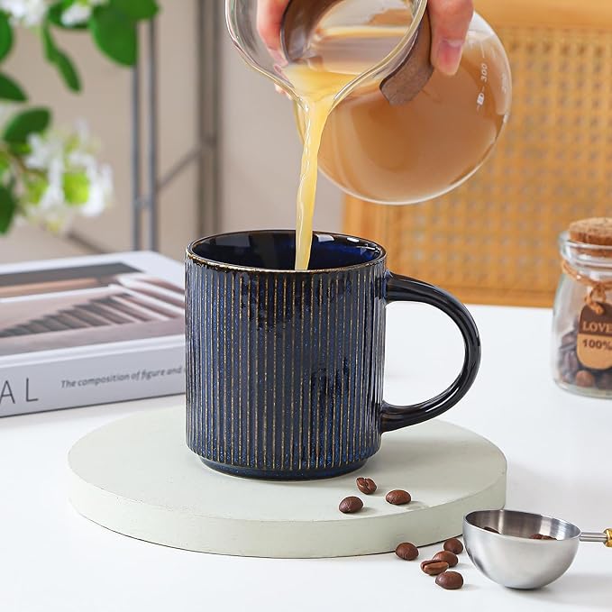 Coffee Mugs Set of 4, 12 OZ Ceramic Coffee Mugs with Handle, Vertical Stripes Coffee Cups Set for Latte/Tea/Cocoa/Milk, Microwave and Diahwasher Safe (Star Blue)