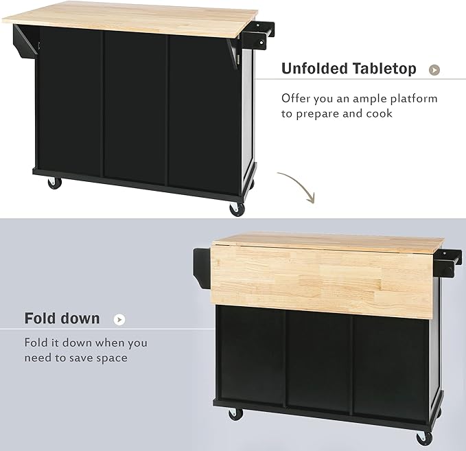 Kitchen Island Cart with Drop-Leaf Cabinet Door Internal Storage Rack 5 Wheels 3 Drawers for Kitchen, Dining Room, Bathroom 53.1" W*29.5" D*37.2" H Black
