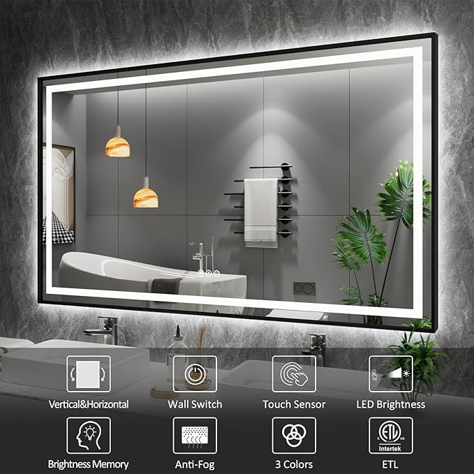 Amorho 55"X40" LED Bathroom Mirror with Black Frame, Front Light and Backlit, Stepless Dimmable, Anti-Fog, Shatter-Proof, Memory, 3 Colors, Double LED Vanity Mirror
