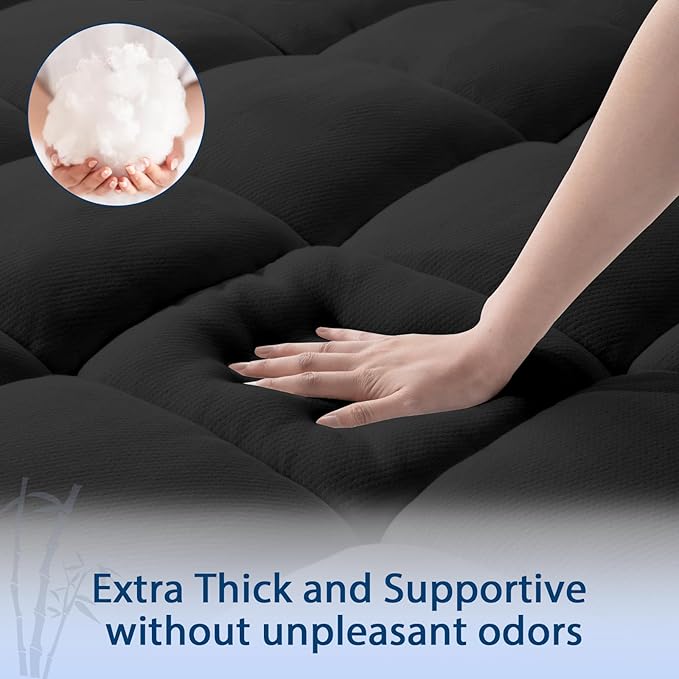 ELEMUSE Queen Black Cooling Bamboo Viscose Mattress Topper for Back Pain, Extra Thick Mattress Pad Cover, Plush Soft Pillowtop with Elastic Deep Pocket, Overfilled Down Alternative Filling