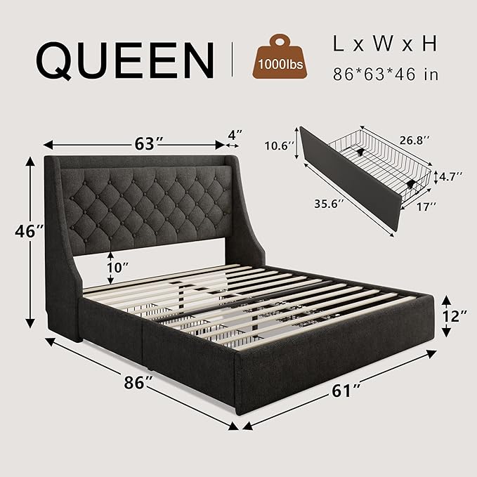 Upholstered Queen Bed Frame with 4 Storage Drawers, Modern Platform Bed with Wingback Headboard, Charging Station, No Box Spring Needed, Dark Grey