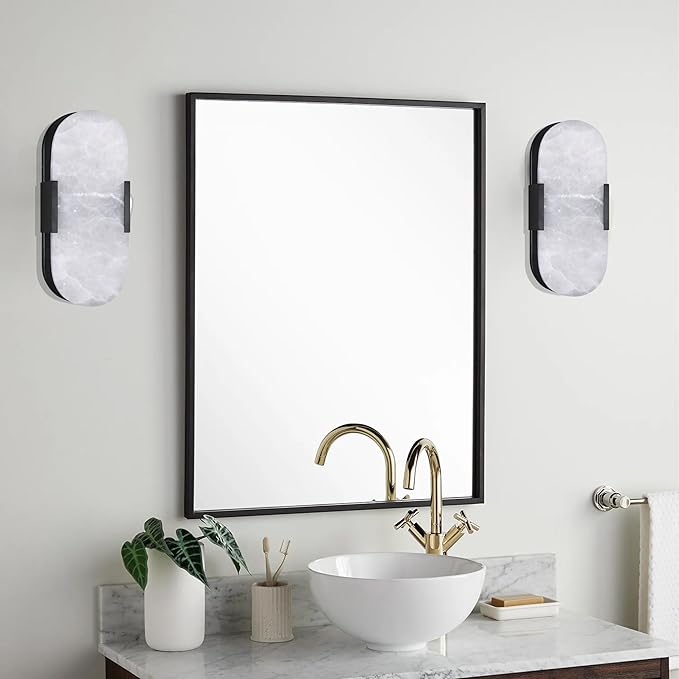 Doraimi Lighting 2 Light 12" Natural Oval Alabaster Marble Bathroom Wall Sconce Modern Concise Style Wall Light Fixture,Dark Gray Finish for Bedroom Hallway Bedside Living Room