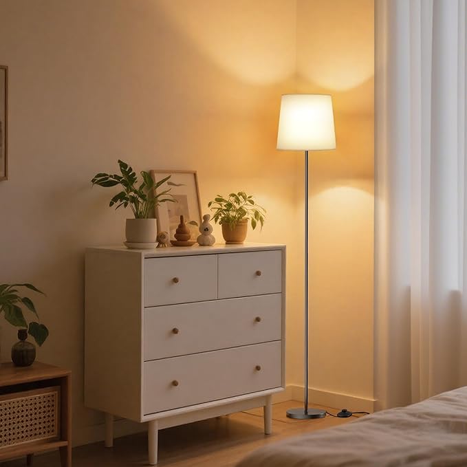 Floor Lamp with White Fabric Shade - Dimmable Standing Lamp with Foot Switch, 3 Light Modes, 9W E26 LED Bulb Included, 62" Floor Reading Light for Living Room Bedroom Office Corner, Black
