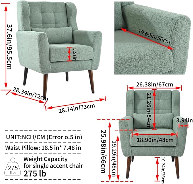Accent Chair, Comfy Upholstered Living Room Chairs with High Tufted Backrest and Pillow, Wingback Reading Chair with Solid Wood Legs for Bedroom/Office, Teddy Fabric, Light Green