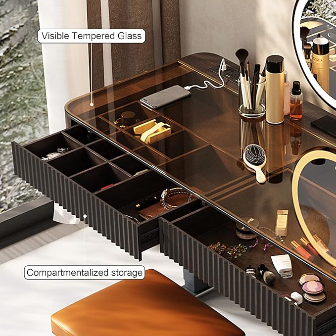 Lartis Vanity Table with Stool,Electric Lift Vanity Desk,Vanity Set，Up and Down Desk, Standing Vanity with Drawer