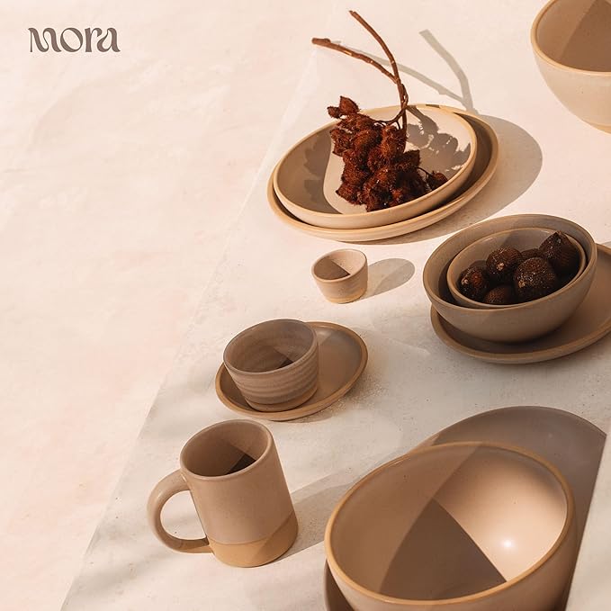 MORA Medium Dishes Set of 4, 30oz Ceramic Pottery Pasta Plate/Wide Bowls - Microwave, Oven and Dishwasher Safe - Mushroom