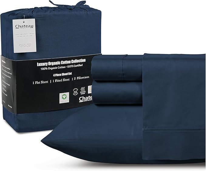 100% Organic Cotton Sheets Queen Size Set, 300 TC Deep Pocket Queen Sheets Set, Soft Breathable Sateen Weave 4 PC Elasticated Sheet & Pillowcase Sets, No Pill & Shrink, Fade Resistant- navy
