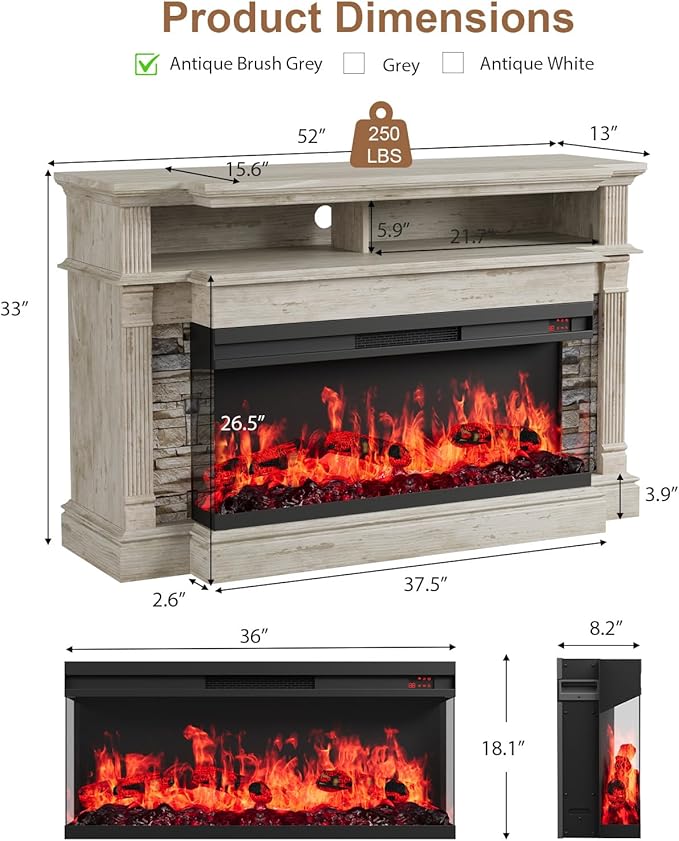 QUW Fireplace TV Stand for TVs up to 65", Farmhouse 52"Fireplace Entertainment Center with 36" 3-Side Glass Electric Fireplace, TV Console with Open Storage Shelves for Living Room, Antique Brush Grey