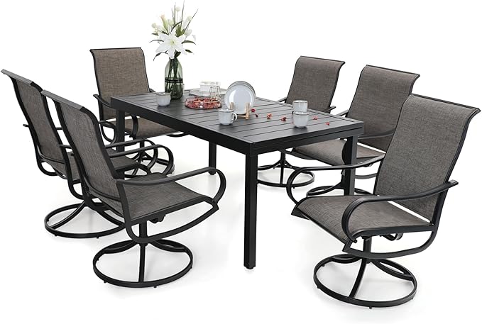 PHI VILLA Patio Dining Set 7 Piece for All Weather, Outdoor Table & Chairs Set for 6 with Swivel Patio Dining Chairs and 1 Extendable Large Patio Table for 6-8 Person