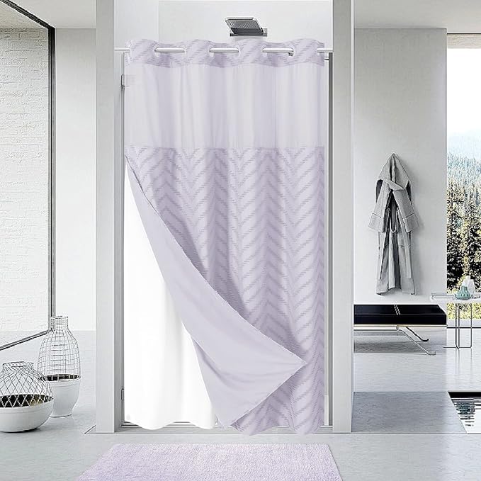 Stall No Hook Boho Farmhouse Shower Curtain with Snap-in Fabric Liner set-54Wx80H(78H),Tufted Chevron Striped Hotel Grade Cloth Shower Curtains for Bathroom,Water Repellent,Lavender