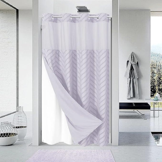Stall No Hook Boho Farmhouse Shower Curtain with Snap-in Fabric Liner set-54Wx80H(78H),Tufted Chevron Striped Hotel Grade Cloth Shower Curtains for Bathroom,Water Repellent,Lavender