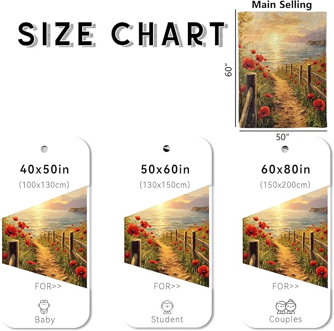 Sunset Flower Blanket, Cozy Flannel Red Wildflowers & Ocean View Throw Blanket for Couch Outdoor, Plush Soft Lightweight Travel Blankets for Bed Decor and Gifts, for Women Adults Kids 60"x80"