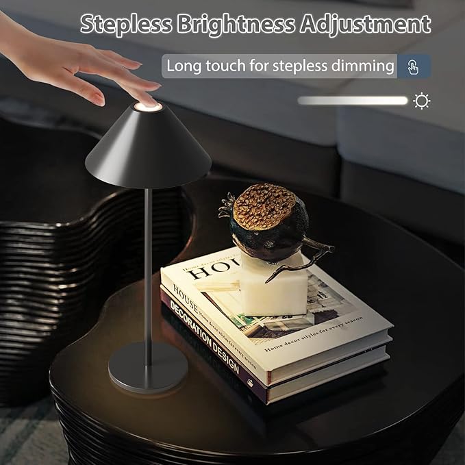 Modern LED Rechargeable Cordless Table Lamp, IP54 Waterproof, Dimmable Battery Operated Lamp, 4000mAh Certified Battery, 3000K Portable Bedside Lamp, Pack of 2 (Black)