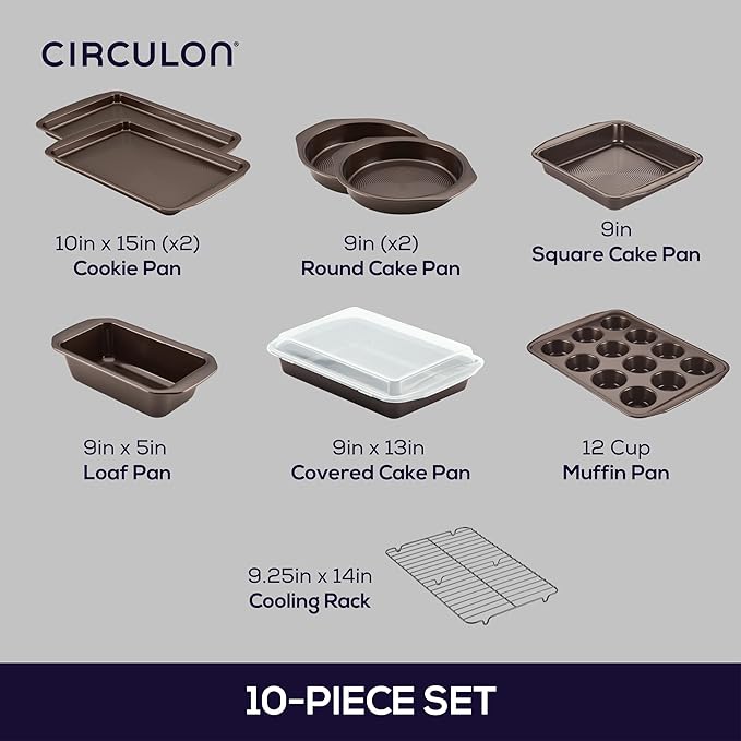 Circulon Nonstick Bakeware Set with Nonstick Bread Pan, Baking Pans, Baking Sheets, Cookie Sheets, Cake Pan and Muffin Pan / Cupcake Pan - 10 Piece, Chocolate Brown