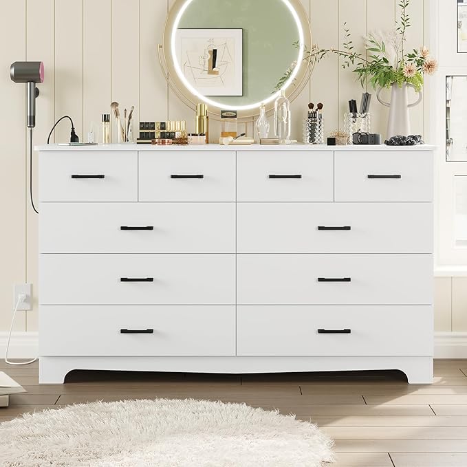 DICTAC White Dresser for Bedroom with 10 Drawers, Large Chest of Drawers Storage Organizer, Long Dresser TV Stand with Power Outlets, Wide Dressers for Bedroom, Living Room 55.1" W x 32.3" H x 15.8" D