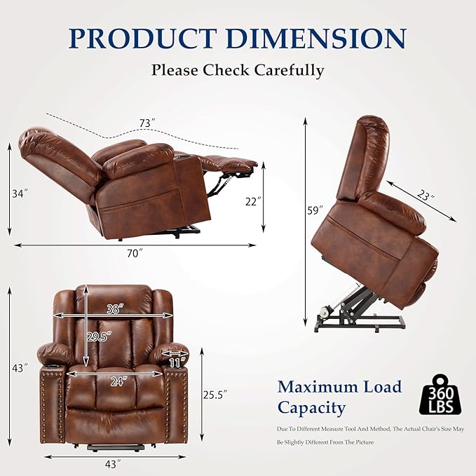 Large Power Lift Chair Recliner for Elderly with Heated and Massage, Overstuffed Adjustable Lift Chair, 3 Position, Breathable Leather, USB-A&USB-C, Cup Holder (Tall Man-7523, Brown)