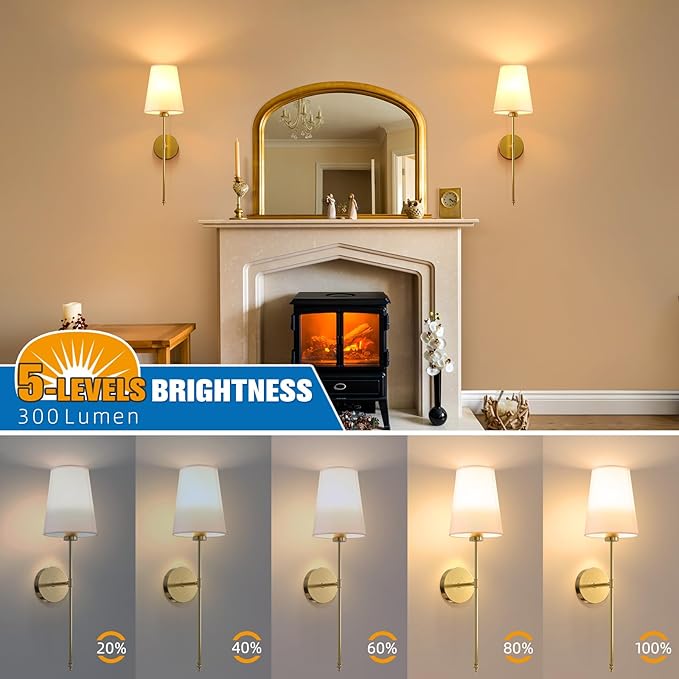 NIORSUN 25.4 inch Battery Operated Wall Sconce Set of 2,Gold Rechargeable Wall Lights with 5200mAh Dimmable Detachable Bulbs and Remote,9 Colors Wireless Sconces for Bedroom Living Room Hallway