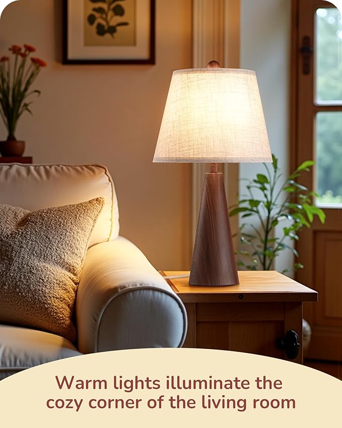 EDISHINE 21.85" Boho Table Lamp, Farmhouse Bedside Lamp, Water Transfer Red Wood Grain Metal Base, Beige Linen Shade, Rustic Nightstand Light for Living Room, Bedroom, Office, E26 Base