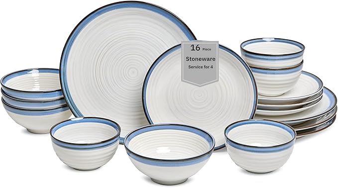 Sango Siterra Santorini 16-Piece White Stoneware Dinnerware Set – Service for 4, Plate & Bowl Set, Rustic White with Reactive Blue Glaze, for Daily Dining & Entertainment, Microwave & Dishwasher Safe