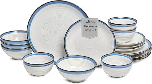 Sango Siterra Santorini 16-Piece White Stoneware Dinnerware Set – Service for 4, Plate & Bowl Set, Rustic White with Reactive Blue Glaze, for Daily Dining & Entertainment, Microwave & Dishwasher Safe