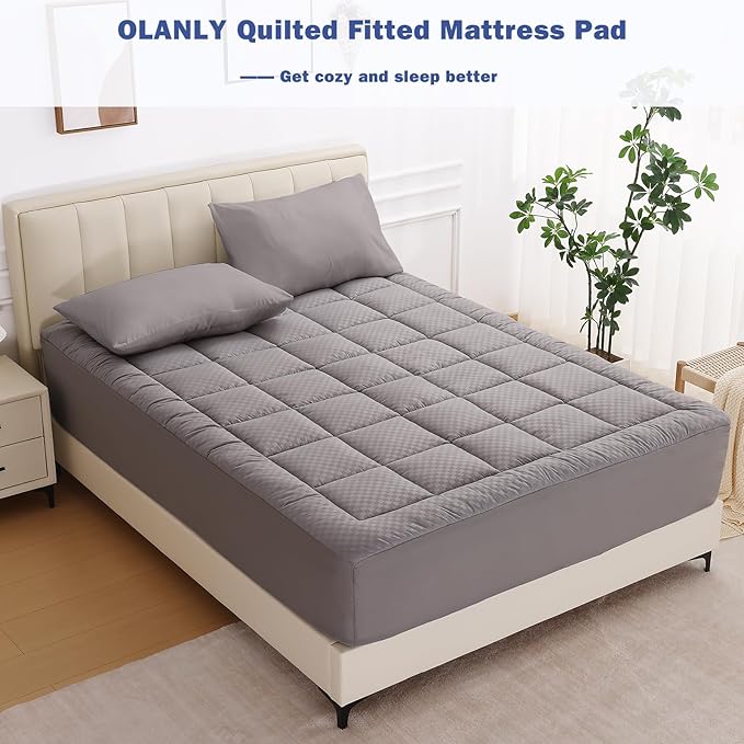 OLANLY Twin Quilted Fitted Mattress Pad, Elastic Fitted Mattress Topper, Cooling Soft Mattress Cover Stretches up to 21 Inches Deep, Machine Washable Mattress Protector (39x75 inch, Light Grey)