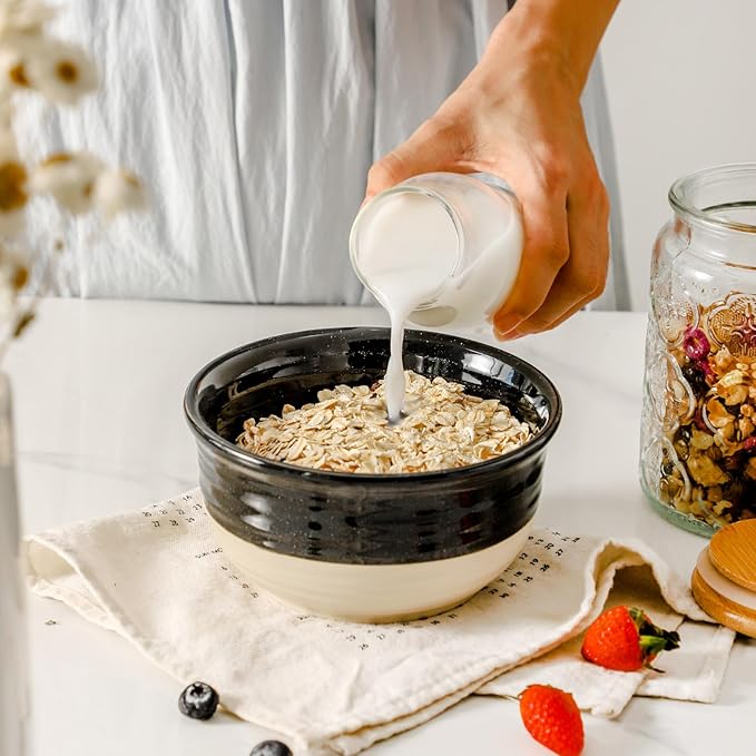 HASENSE Ceramic Soup Bowls and Cereal Bowls, 20 OZ Bowls for Kitchen Set of 6, Stackable Bowls Set for Ramem, Salad, Oatmeal, Rice, Snack, Dishwasher Microwave Safe, Black