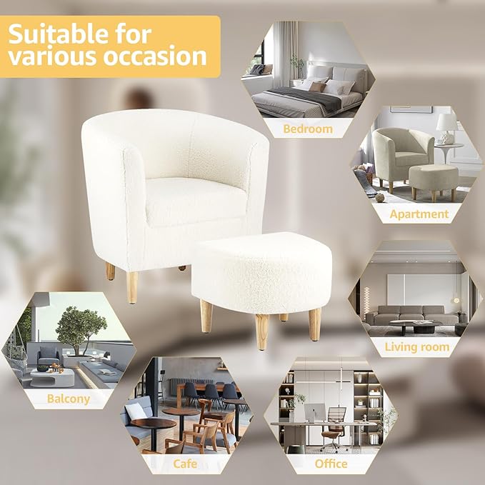 DAZONE Sherpa Chair, Accent Chair Set of 2 White Fluffy Teddy Barrel Chairs with Ottoman Comfy Armchair Comfortable Living Room Chairs Upholstered Club Tub Sofa Chair for Bedroom Reading Room