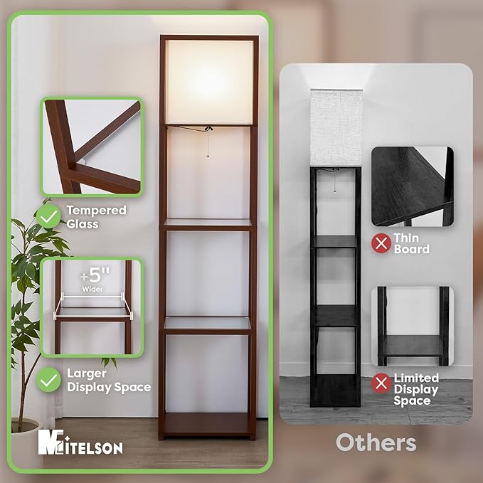 Floor Lamp with Shelves, Modern Standing Lamp with Tempered Glass, Large Display Shelf Lamp, Tall Lamps with Shelves for Living Room, Bedroom, Office, Walnut Brown