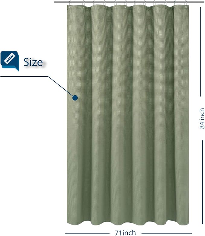 Barossa Design Extra Long Fabric Waffle Weave Shower Curtain 84 inch Height, Hotel Luxury Spa, Water Repellent, 230gsm Heavy Duty, Machine Washable, Sage Green Pique Pattern, 71x84