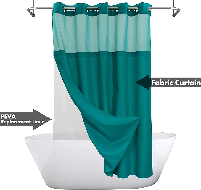 No Hook Slub Textured Shower Curtain with Snap-in PEVA Liner Set - 71" x 74"(72"), Hotel Style with See Through Top Window, Machine Washable & Water Repellent, Teal, 71x74