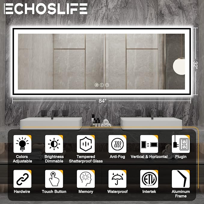 84x32 Large LED Bathroom Mirror - Black Aluminum Framed (Front and Backlit), Anti-Fog Lighted Mirror for Wall,Stepless Dimmable Vanity Mirror,3 Colors Smart Mirror(Horizontal/Vertical)