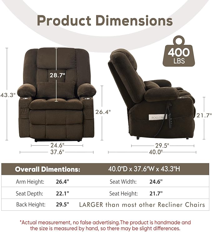 Large Dual Motor Lay Flat Power Lift Massage Recliner Chair Set of 2, Lift Chairs Recliner with Lumbar Pillow, Cup Holder for Elderly with Heat for Living Room - Brown