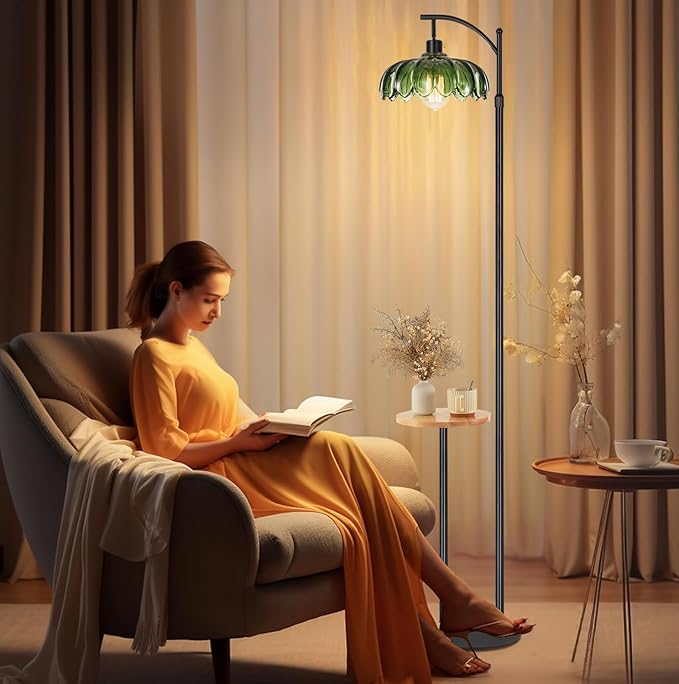 Arc Floor Lamp with Table and Shelves,Black Floor Lamp for Bedroom Glass Floor Lamps with Remote Control & 3 Color Temperature,Modern Standing Lamp Tall Flower Floor Lamps for Living Room Corner