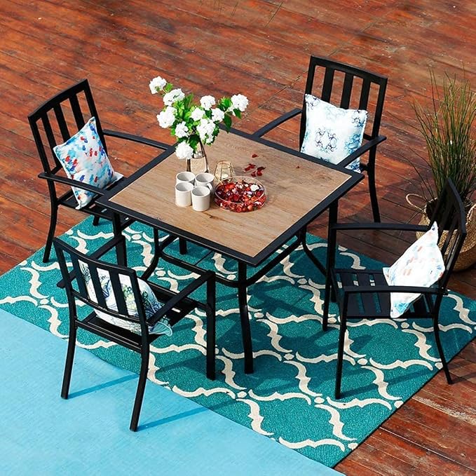 PHI VILLA 5 Piece Outdoor Dining Set for 4, 37” Metal Steel Dining Table with Wood-Like Tabletop & Stacking Wrought Iron Chairs for Patio, Deck, Yard