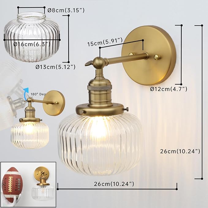 Industrial Vintage Wall Sconce 1-Light with Clear Striped Glass Globe Shade Indoor Wall Mounted Lamp Fixture (Antique)