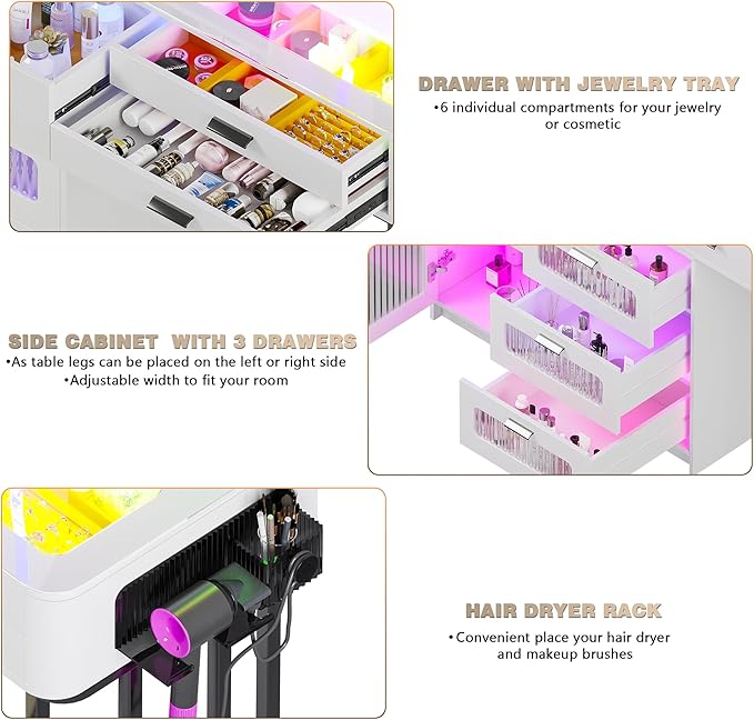 RGB Makeup Vanity Desk with Wireless Charging Station,Vanity Mirror with Lights Desk and Chair,8 Drawers,Stool,7 Dynamic and 7 Static Dimmable Vanity Table with Glass Desktop