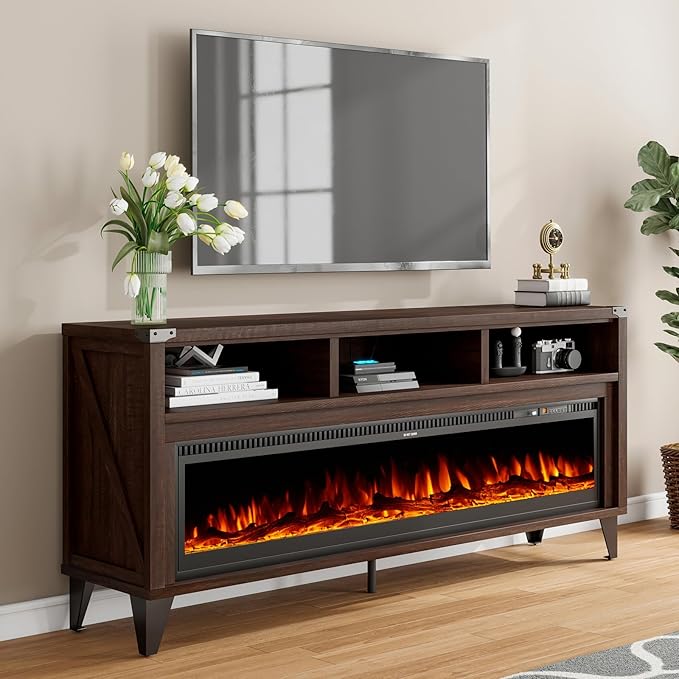 65“ Farmhouse Fireplace TV Stand, Industrial Entertainment Center with 60" Tempered Glass Electric Fireplace, Media Console with Open Storage Space for TVs up to 75", Espresso