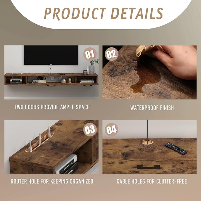 Pmnianhua Farmhouse Floating TV Stand with 2 Doors for TVs up to 80'',78'' Under TV Shelf Floating,Wall Mounted TV Shelf,Rustic Floating TV Console for Under TV(Rustic Brown)