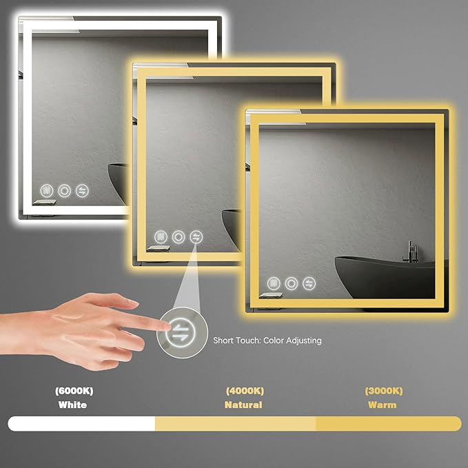 LED Bathroom Mirror 24"x 24" with Frontlit and Backlit, Anti-Fog Bathroom Vanity Mirror, Stepless 3 Colors Temperature & Dimmable Bathroom Mirror, Memory Tempered Glass Mirror for Bathroom