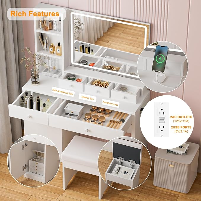 Makeup Vanity Desk with Mirror and Led Lights,Makeup Desk with Lights 3 Colors,Makeup Vanity with 5 Drawers&3 Shelves, Vanity Table with Stool and Power Outlet, Vanity Set for Bedroom,White
