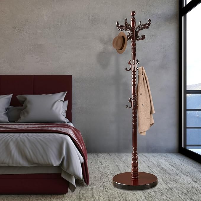 Wooden Coat Rack Stand, Vintage Natural Birch Wood Coat Racks Freestanding, Solid Wood Coat Tree Stand with 14 Hooks, Classic Sturdy Coat Racks Hall Tree for Entryway, Office (Round chassis)