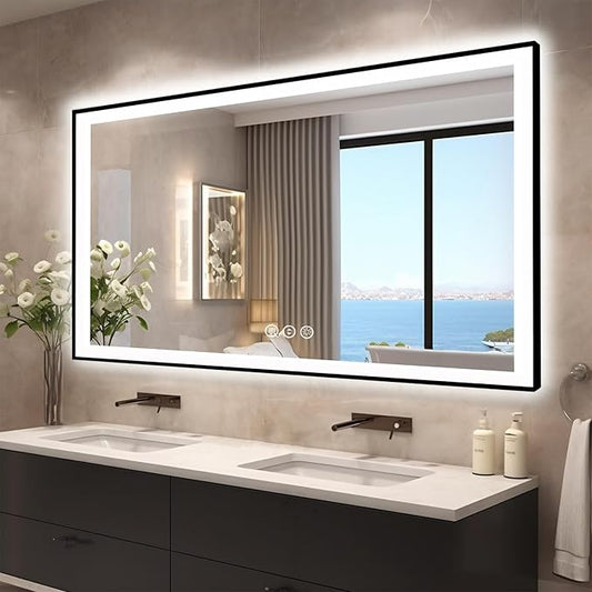 60x28 LED Bathroom Mirror for Wall - Black Aluminum Framed (Front and Backlit), Anti-Fog Vanity Mirror with Lighting, Stepless Dimmable, 3 Colors Smart Design (Horizontal/Vertical)