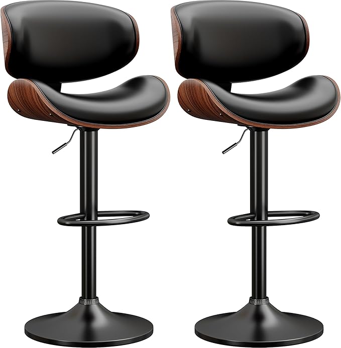 Swivel Bar Stools Set of 2 for Kitchen Counter, Adjustable Bentwood Barstools, Modern PU Leather Upholstered Bar Chair with Back and Footrest, for Bar, Kitchen, Dining Room, Black